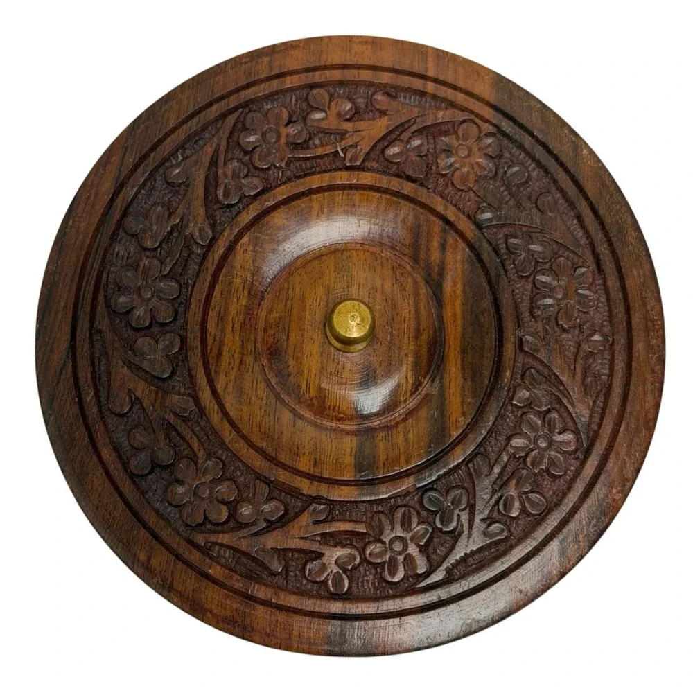 Vintage Handmade Indian Rosewood Floral Engraved Wooden Keepsake Trinket Box 3